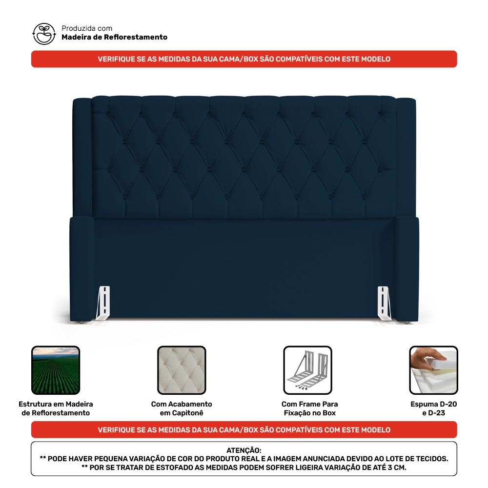 Cabeceira e Calçadeira Báu King Size Atena 195cm Capitonê Veludo Azul Marinho - Desk Design