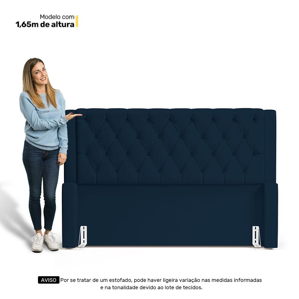 Cabeceira e Calçadeira Báu King Size Atena 195cm Capitonê Veludo Azul Marinho - Desk Design