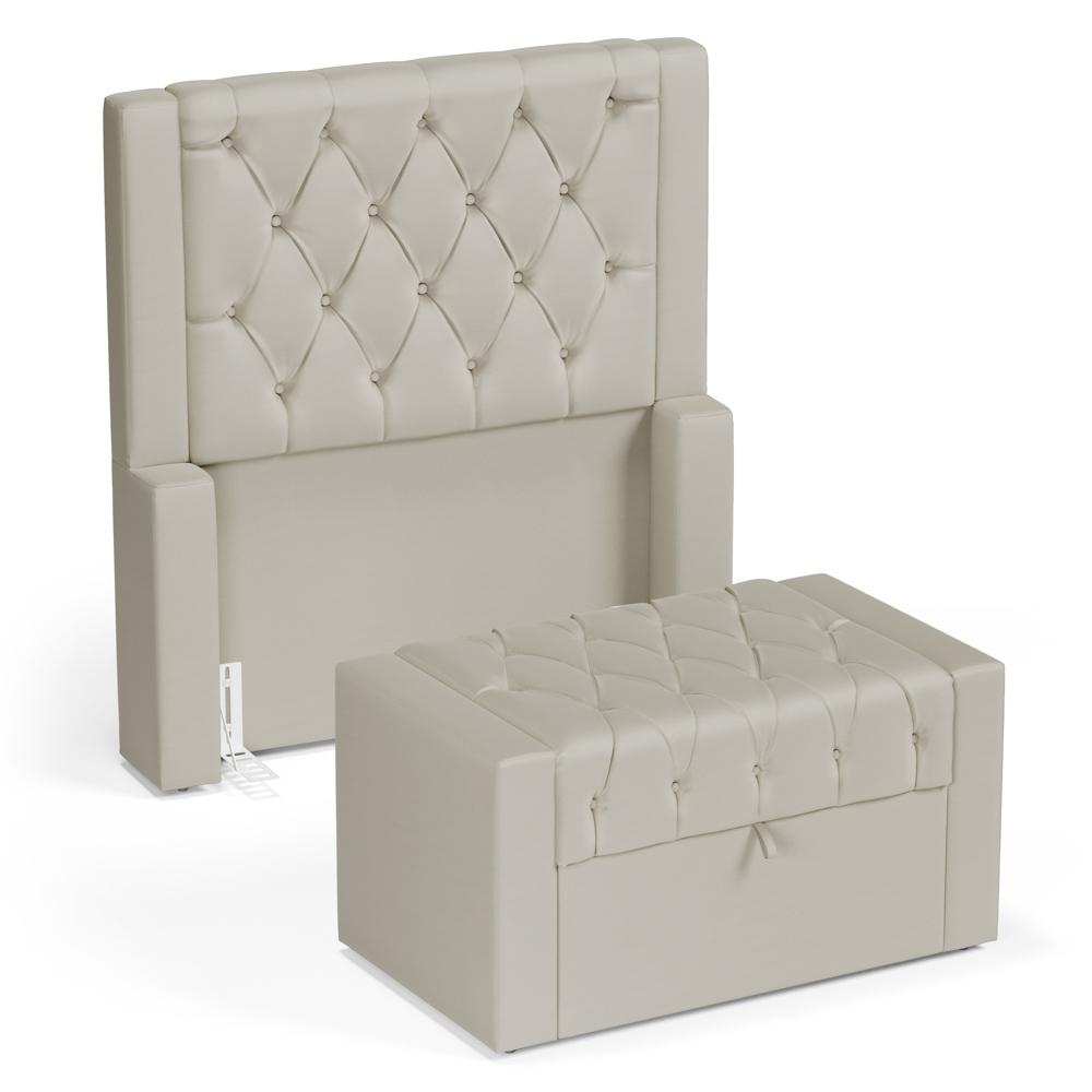 Cabeceira e Calçadeira Báu Solteiro Atena 90cm Capitonê Sintético Bege - Desk Design