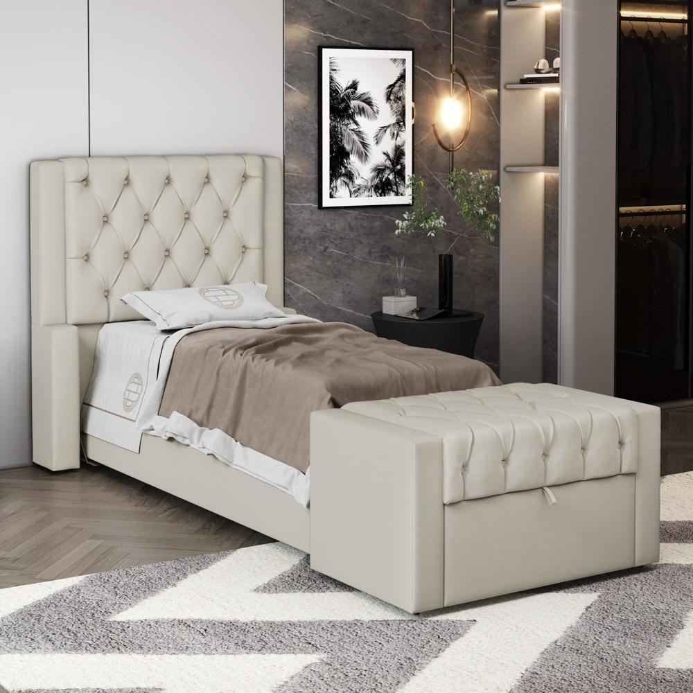 Cabeceira e Calçadeira Báu Solteiro Atena 90cm Capitonê Sintético Bege - Desk Design