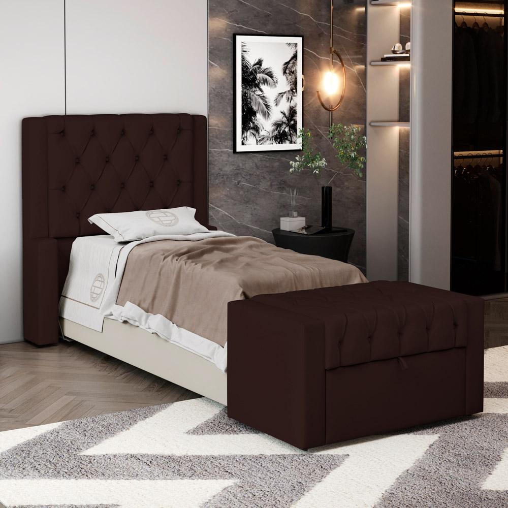 Cabeceira e Calçadeira Báu Solteiro Atena 90cm Capitonê Sintético Marrom - Desk Design