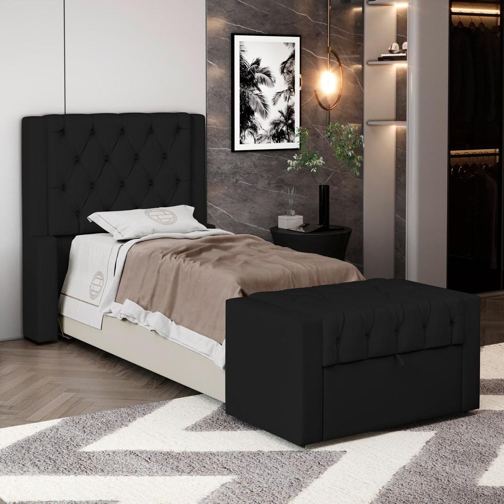 Cabeceira e Calçadeira Báu Solteiro Atena 90cm Capitonê Sintético Preto - Desk Design