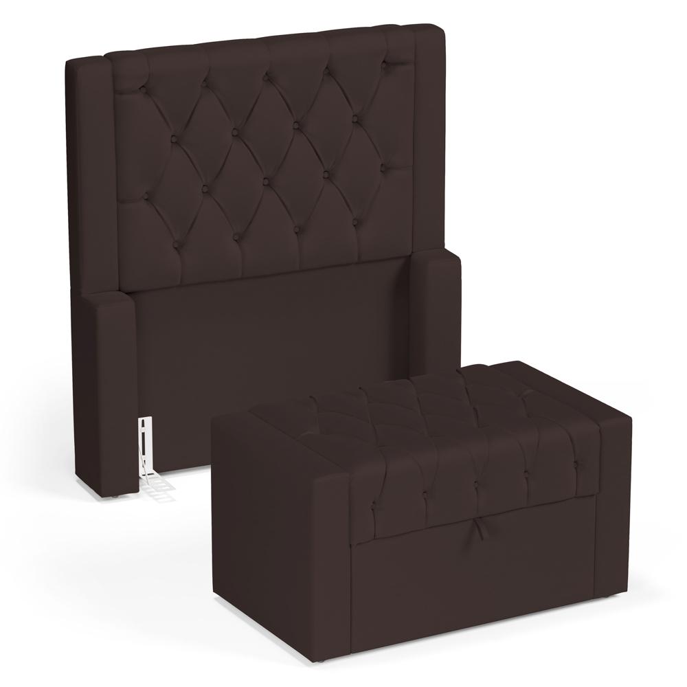 Cabeceira e Calçadeira Báu Solteiro Atena 90cm Capitonê Suede Marrom - Desk Design