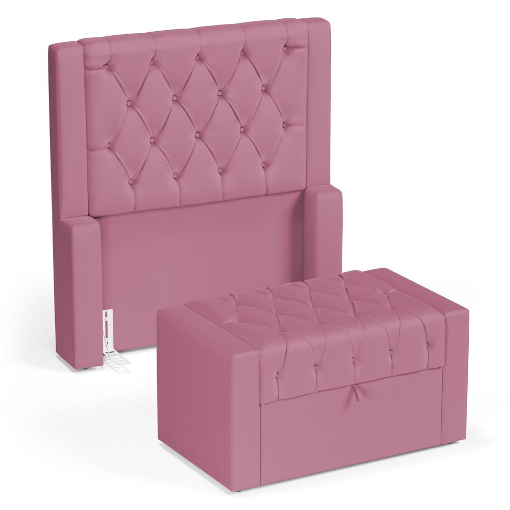 Cabeceira e Calçadeira Báu Solteiro Atena 90cm Capitonê Suede Rosa - Desk Design