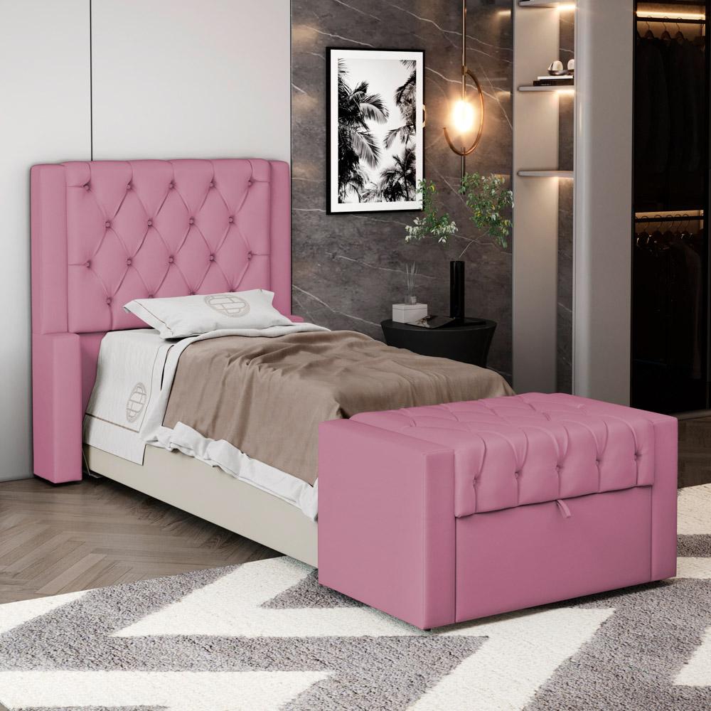 Cabeceira e Calçadeira Báu Solteiro Atena 90cm Capitonê Suede Rosa - Desk Design