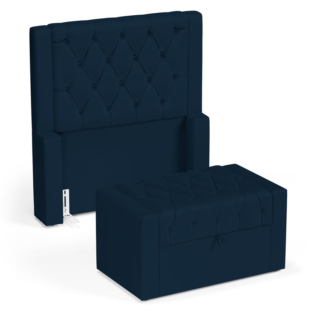 Cabeceira e Calçadeira Báu Solteiro Atena 90cm Capitonê Veludo Azul Marinho - Desk Design
