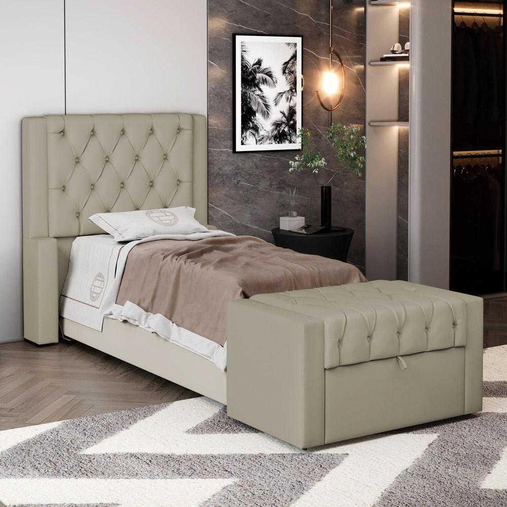 Cabeceira e Calçadeira Báu Solteiro Atena 90cm Capitonê Veludo Bege - Desk Design