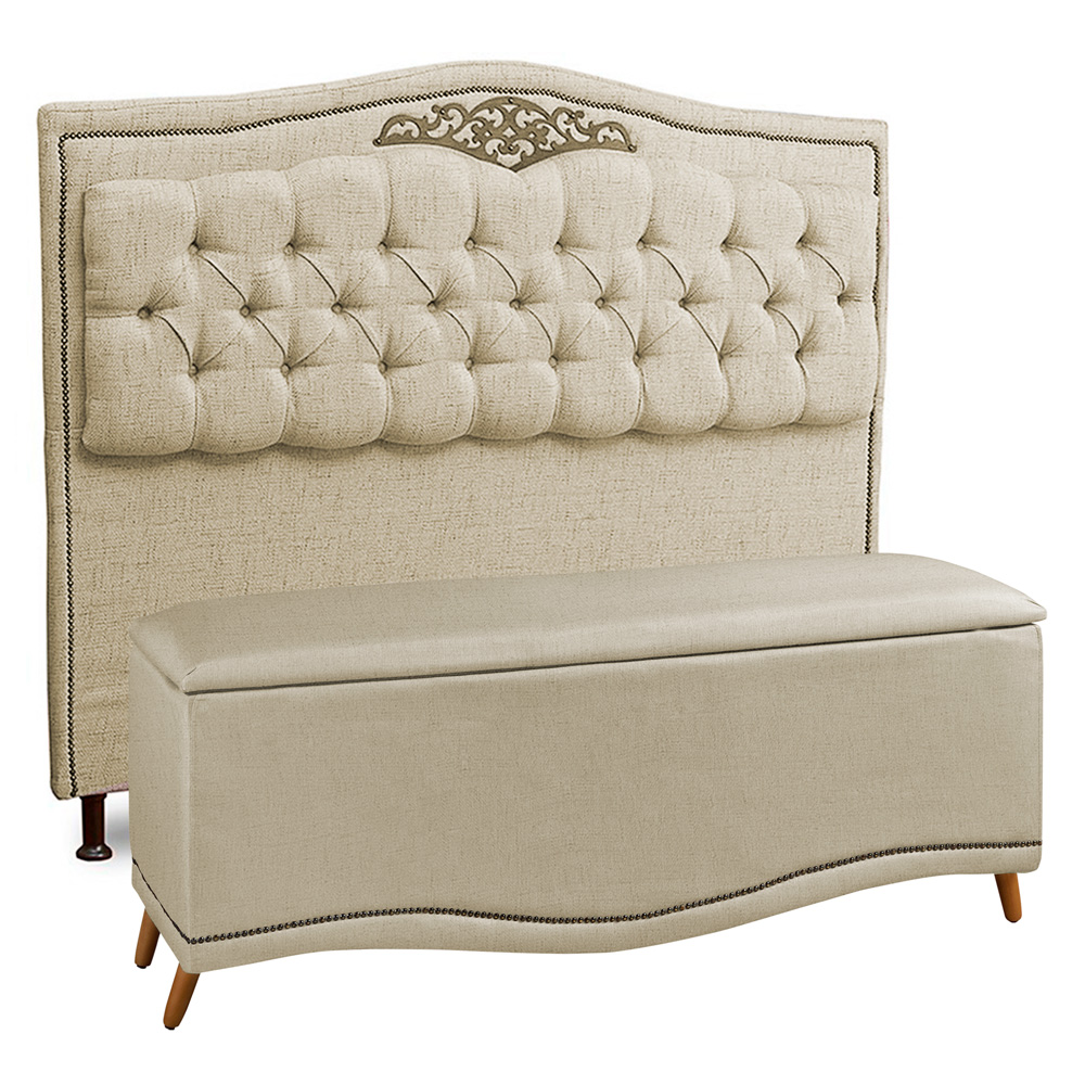 Cabeceira e Calçadeira Baú Cama Box Casal Belize 140cm Linho Areia - Desk Design