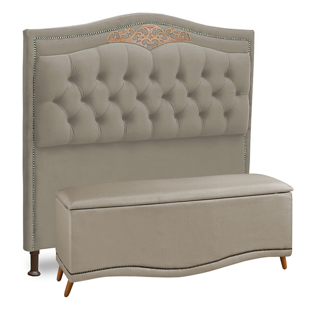 Cabeceira e Calçadeira Baú Cama Box Casal Belize 140cm Veludo Marfim - Desk Design