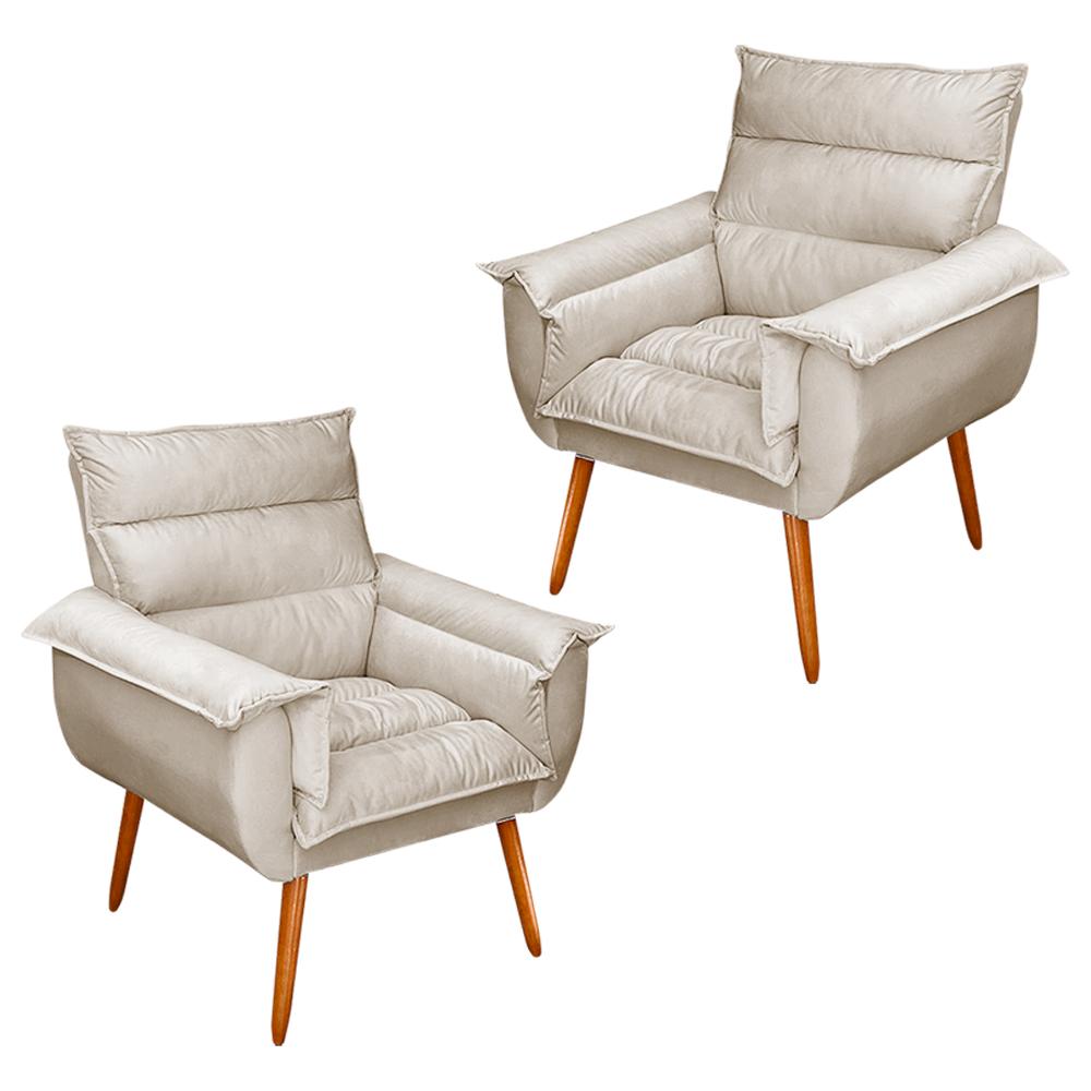 Kit 02 Poltronas Decorativas Modernas Sala e Recepção Monza Pés Palito Suede Bege - Desk Design