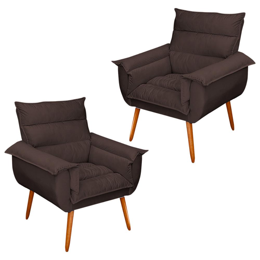 Kit 02 Poltronas Decorativas Modernas Sala e Recepção Monza Pés Palito Veludo Marrom - Desk Design