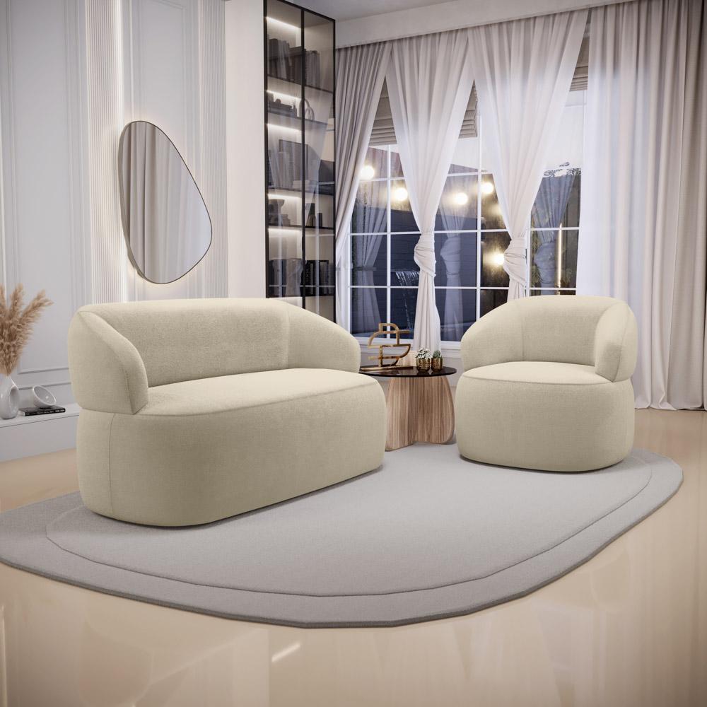Kit 02 Poltronas Giratória e 01 Sofá Orgânico Glee 02 Lugares 140cm Bouclê Bege - Desk Design