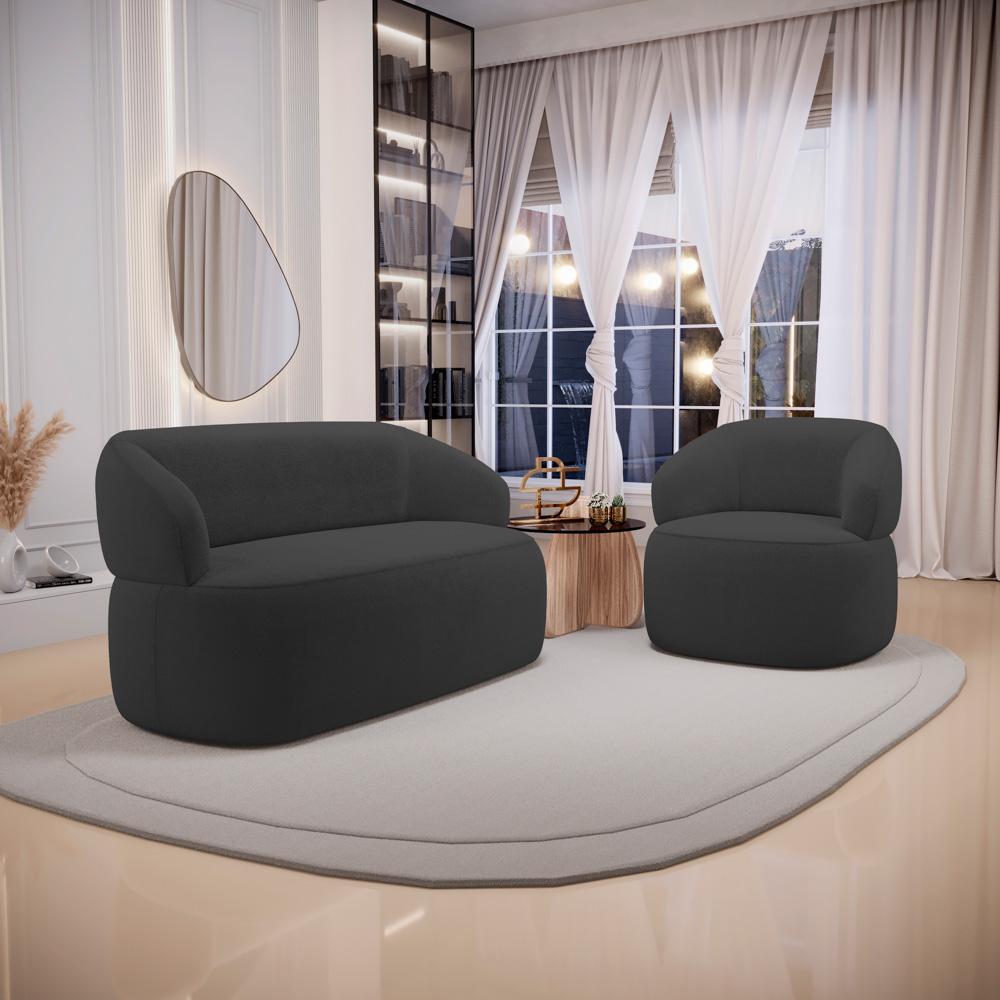 Kit 02 Poltronas Giratória e 01 Sofá Orgânico Glee 02 Lugares 140cm Bouclê Grafite - Desk Design