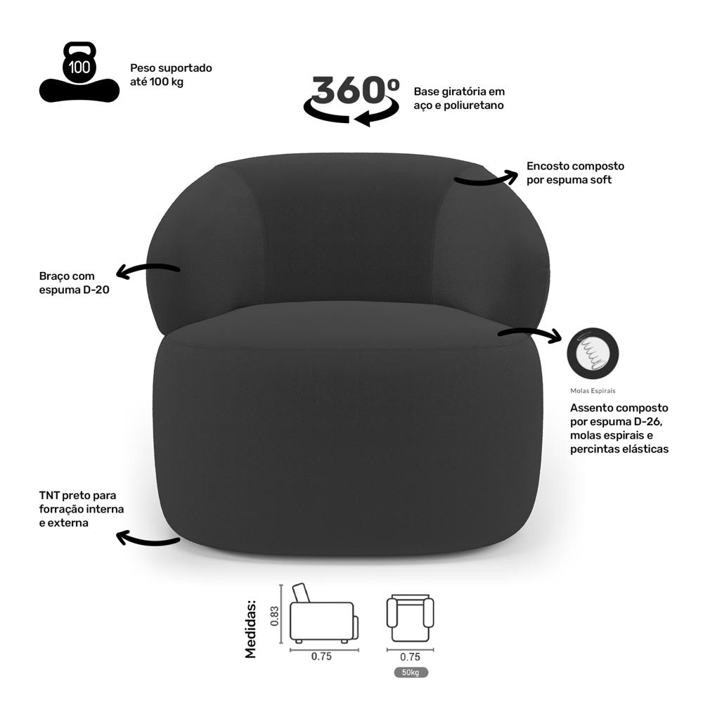 Kit 02 Poltronas Giratória e 01 Sofá Orgânico Glee 02 Lugares 140cm Bouclê Grafite - Desk Design