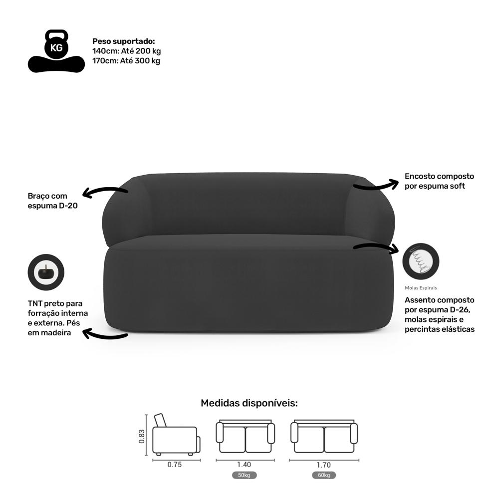 Kit 02 Poltronas Giratória e 01 Sofá Orgânico Glee 02 Lugares 140cm Bouclê Grafite - Desk Design