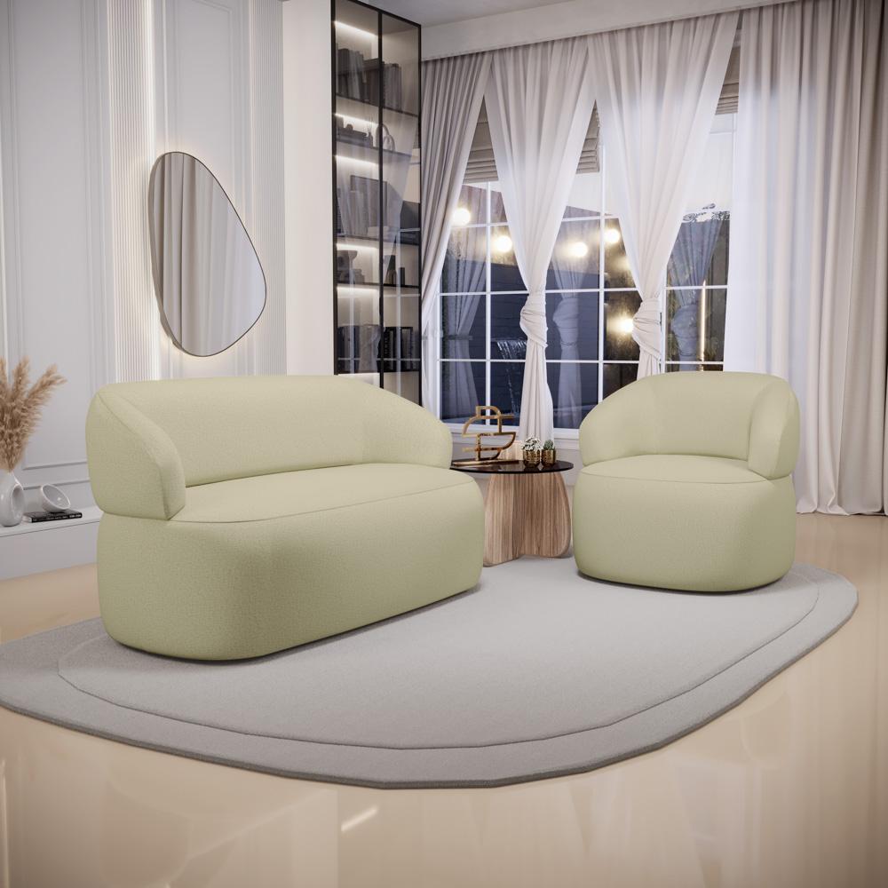 Kit 02 Poltronas Giratória e 01 Sofá Orgânico Glee 02 Lugares 140cm Linho Bege - Desk Design