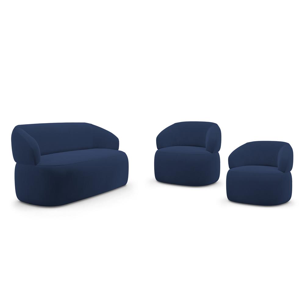 Kit 02 Poltronas Giratória e 01 Sofá Orgânico Glee 02 Lugares 140cm Veludo Azul Marinho - Desk Design