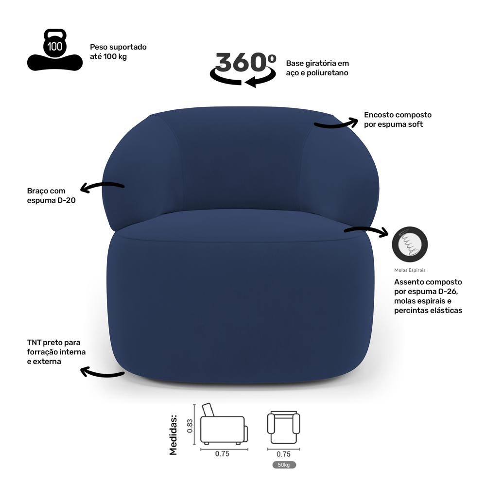 Kit 02 Poltronas Giratória e 01 Sofá Orgânico Glee 02 Lugares 140cm Veludo Azul Marinho - Desk Design
