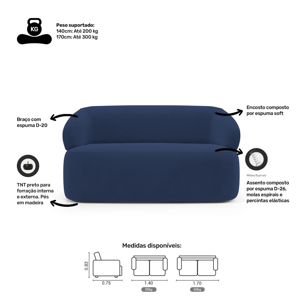 Kit 02 Poltronas Giratória e 01 Sofá Orgânico Glee 02 Lugares 140cm Veludo Azul Marinho - Desk Design