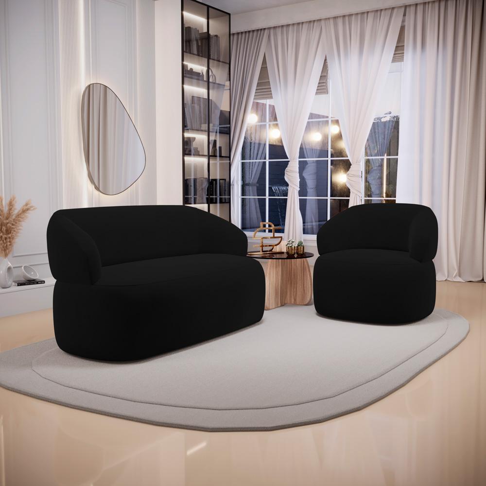 Kit 02 Poltronas Giratória e 01 Sofá Orgânico Glee 02 Lugares 140cm Veludo Preto - Desk Design