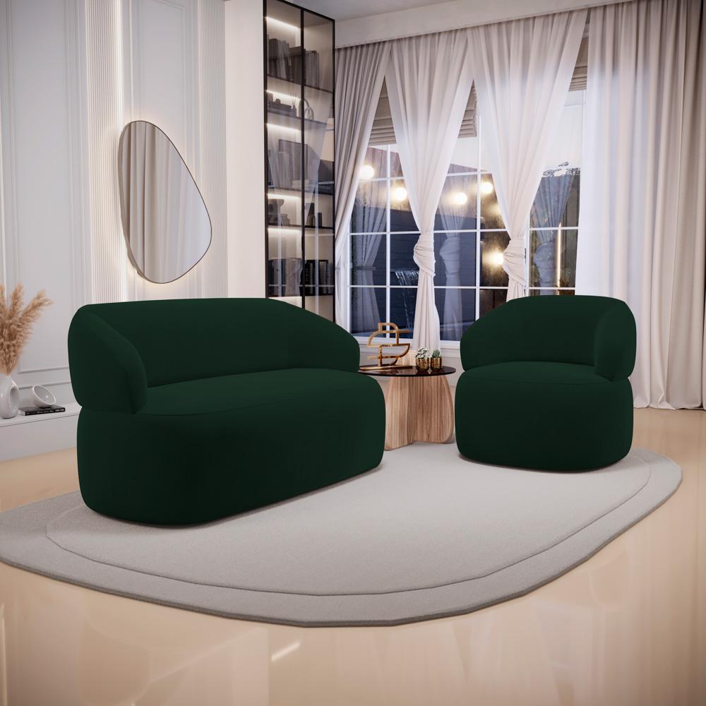 Kit 02 Poltronas Giratória e 01 Sofá Orgânico Glee 02 Lugares 140cm Veludo Verde Escuro - Desk Design