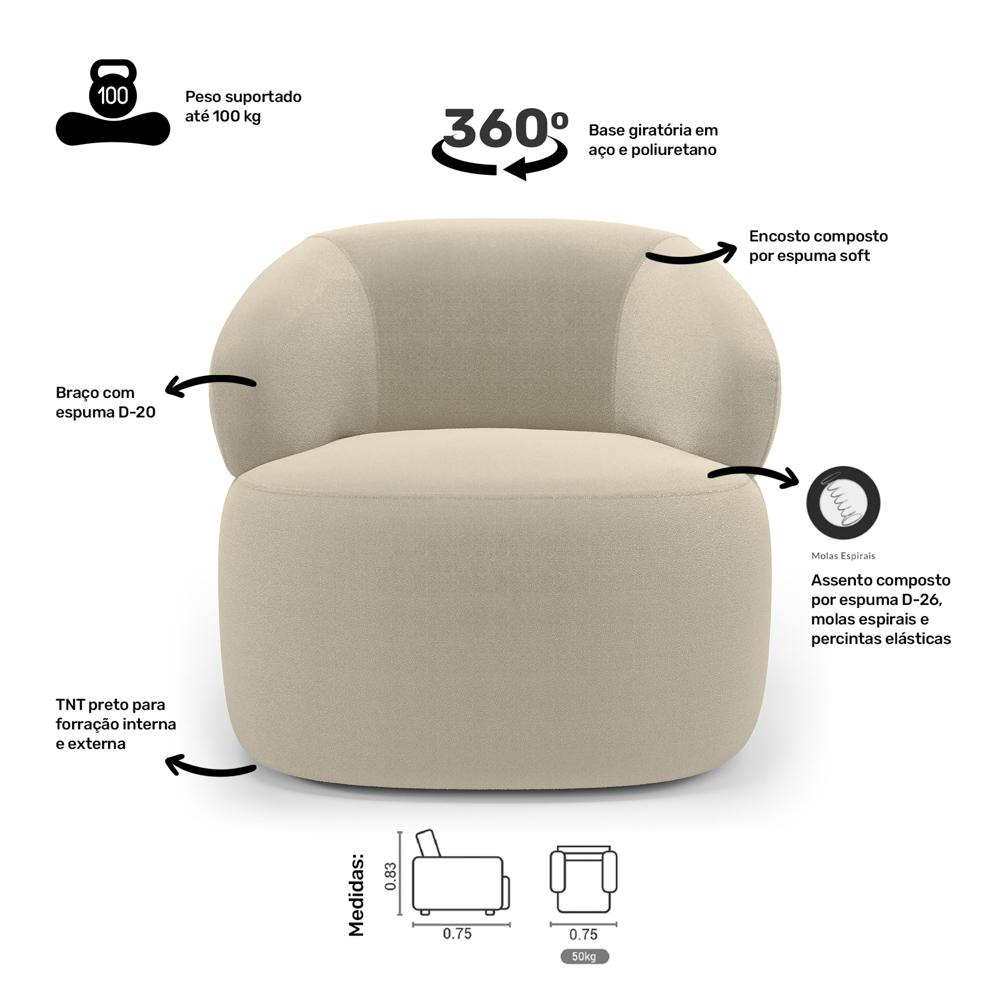 Kit 02 Poltronas Giratória e 01 Sofá Orgânico Glee 03 Lugares 170cm Bouclê Bege - Desk Design