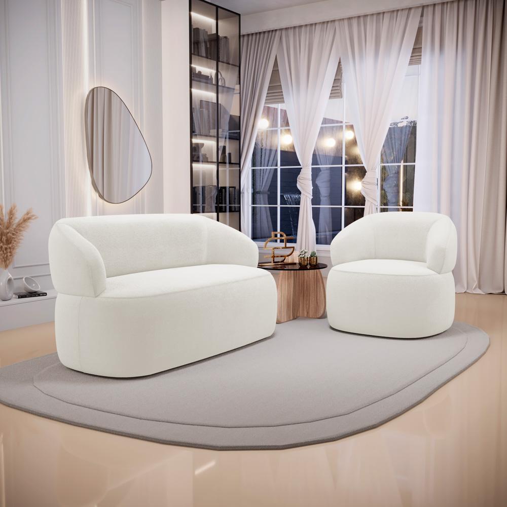 Kit 02 Poltronas Giratória e 01 Sofá Orgânico Glee 03 Lugares 170cm Bouclê Off White - Desk Design