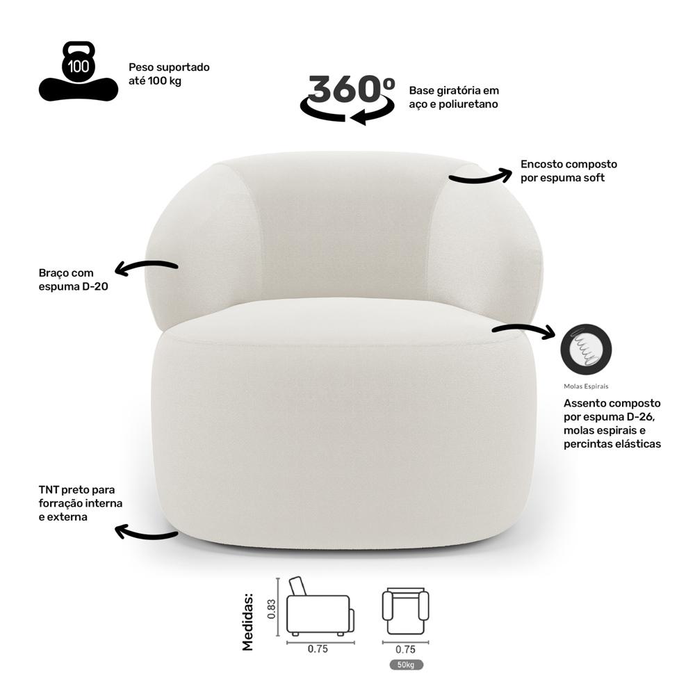 Kit 02 Poltronas Giratória e 01 Sofá Orgânico Glee 03 Lugares 170cm Bouclê Off White - Desk Design
