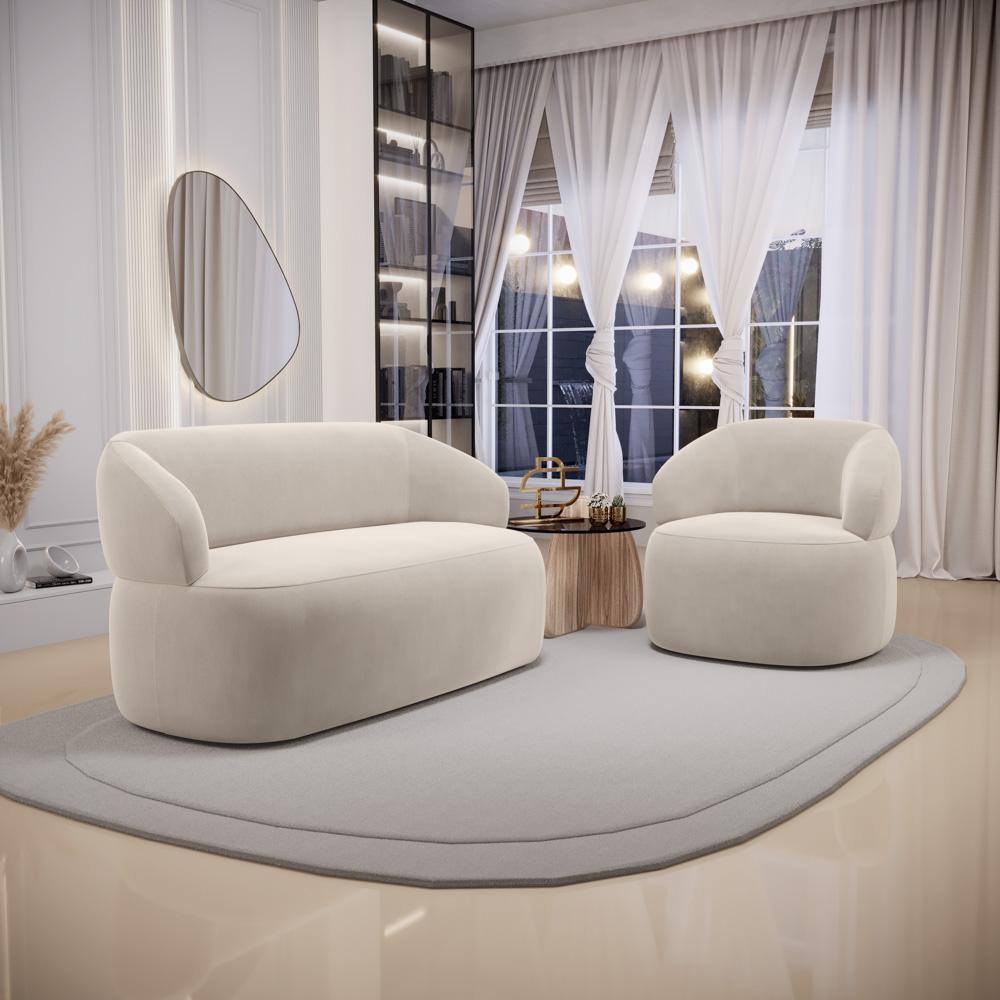 Kit 02 Poltronas Giratória e 01 Sofá Orgânico Glee 03 Lugares 170cm Veludo Bege - Desk Design