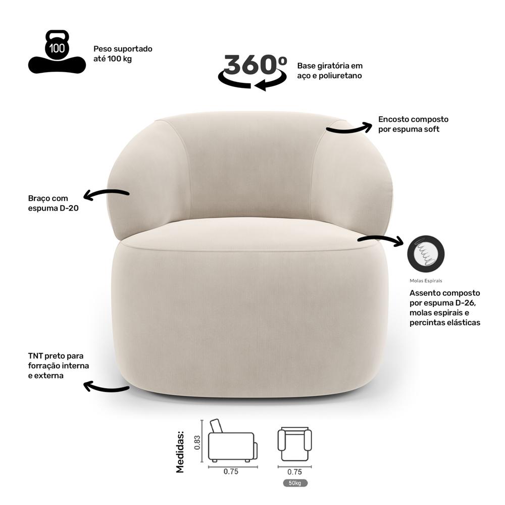 Kit 02 Poltronas Giratória e 01 Sofá Orgânico Glee 03 Lugares 170cm Veludo Bege - Desk Design