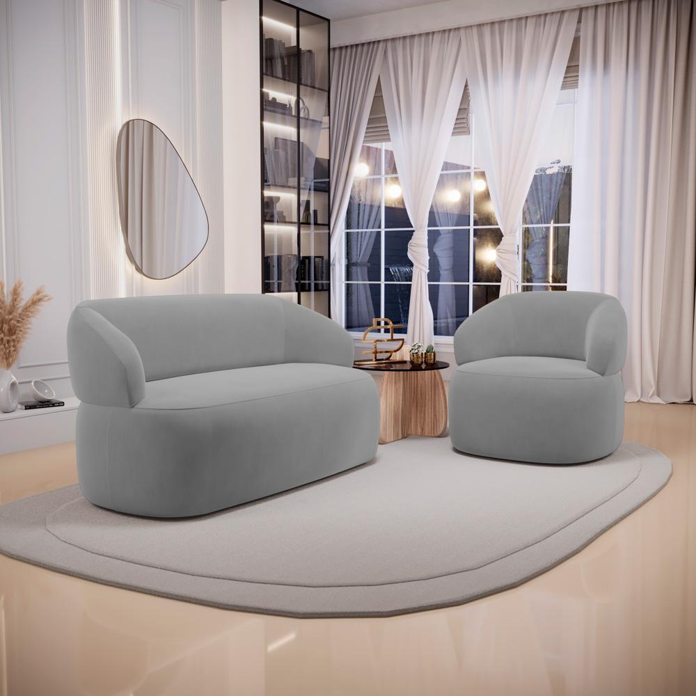 Kit 02 Poltronas Giratória e 01 Sofá Orgânico Glee 03 Lugares 170cm Veludo Cinza - Desk Design
