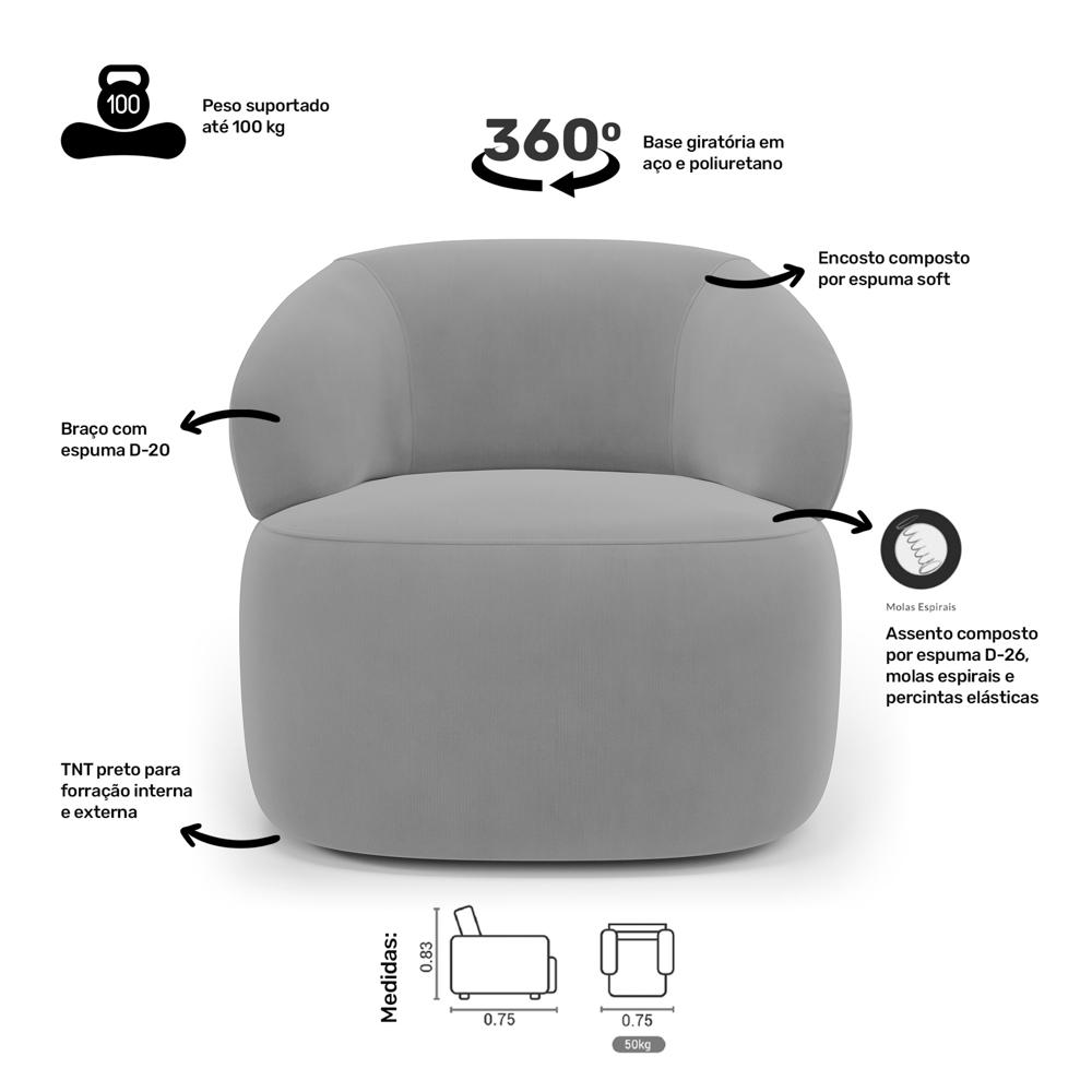 Kit 02 Poltronas Giratória e 01 Sofá Orgânico Glee 03 Lugares 170cm Veludo Cinza - Desk Design