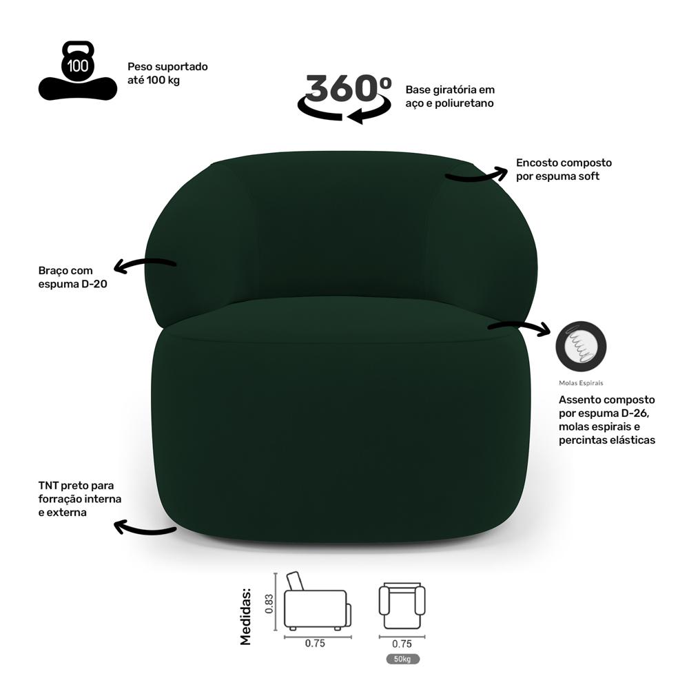 Kit 02 Poltronas Giratória e 01 Sofá Orgânico Glee 03 Lugares 170cm Veludo Verde Escuro - Desk Design