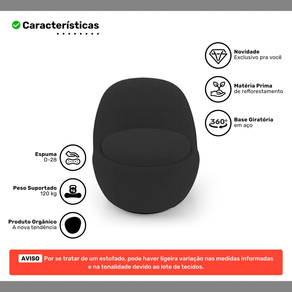 Kit 02 Poltronas Orgânicas Living Memphis Base Giratória Bouclê Preto - Desk Design