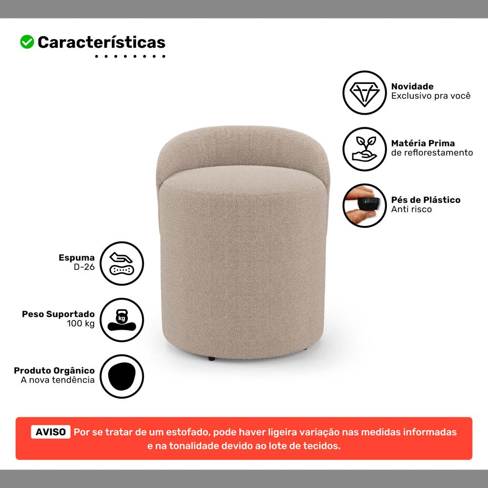 Kit 02 Puffs Banquetas Living Gaia Orgânico com Encosto Baixo Bouclê Bege - Desk Design