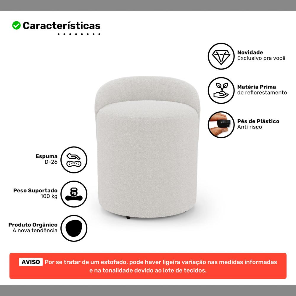 Kit 02 Puffs Banquetas Living Gaia Orgânico com Encosto Baixo Bouclê Off White - Desk Design