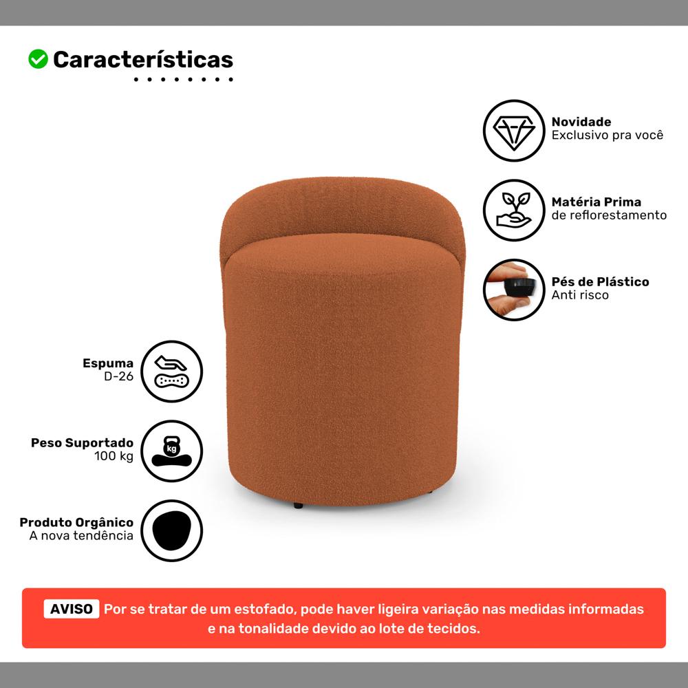 Kit 02 Puffs Banquetas Living Gaia Orgânico com Encosto Baixo Bouclê Terracota - Desk Design