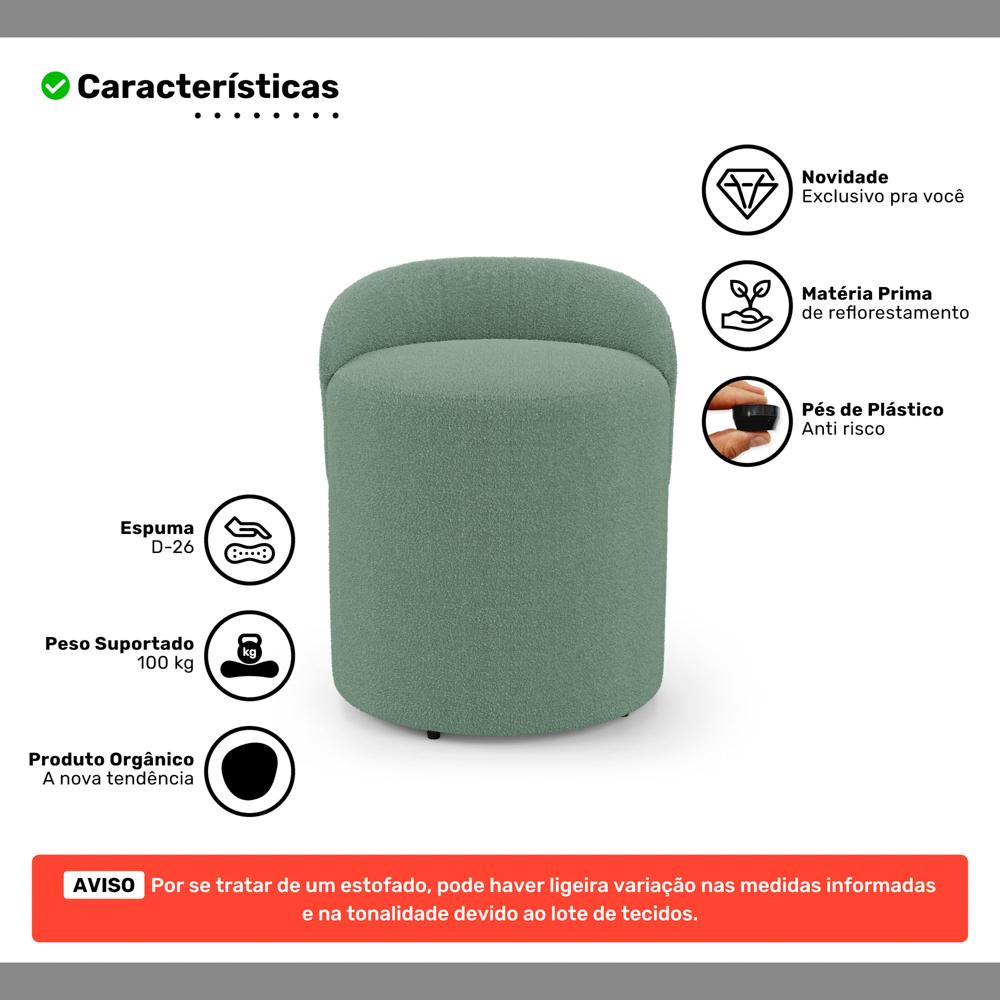 Kit 02 Puffs Banquetas Living Gaia Orgânico com Encosto Baixo Bouclê Verde Menta - Desk Design