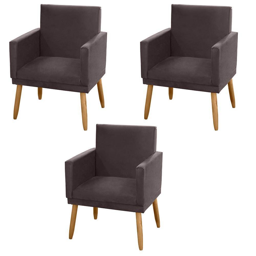 Kit 03 Poltronas Decorativas Lauren Pés Palito Suede Marrom - Desk Design