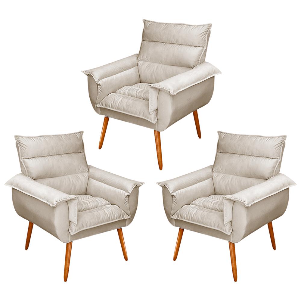 Kit 03 Poltronas Decorativas Modernas Sala e Recepção Monza Pés Palito Suede Bege - Desk Design