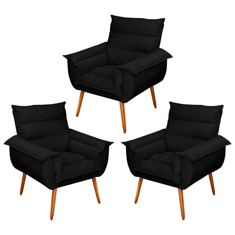 Kit 03 Poltronas Decorativas Modernas Sala e Recepção Monza Pés Palito Suede Preto - Desk Design