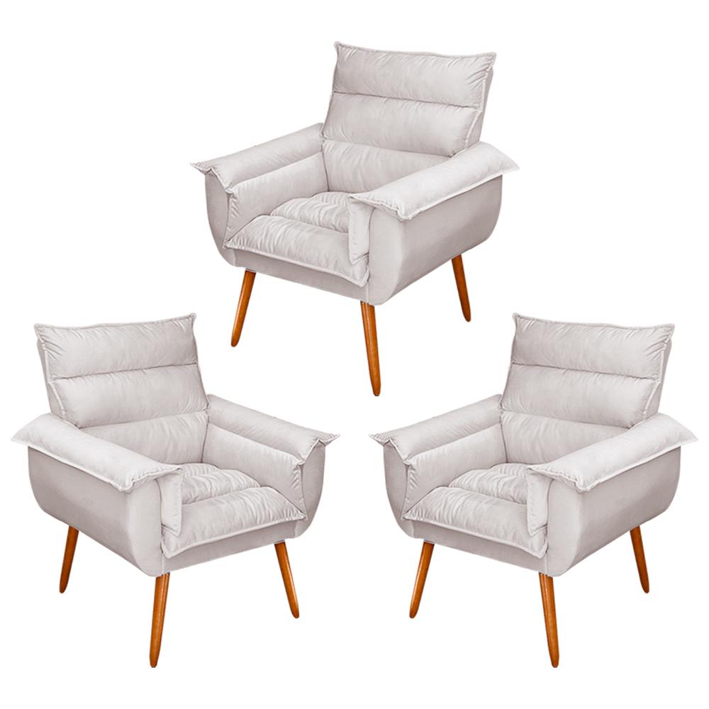 Kit 03 Poltronas Decorativas Modernas Sala e Recepção Monza Pés Palito Veludo Bege - Desk Design
