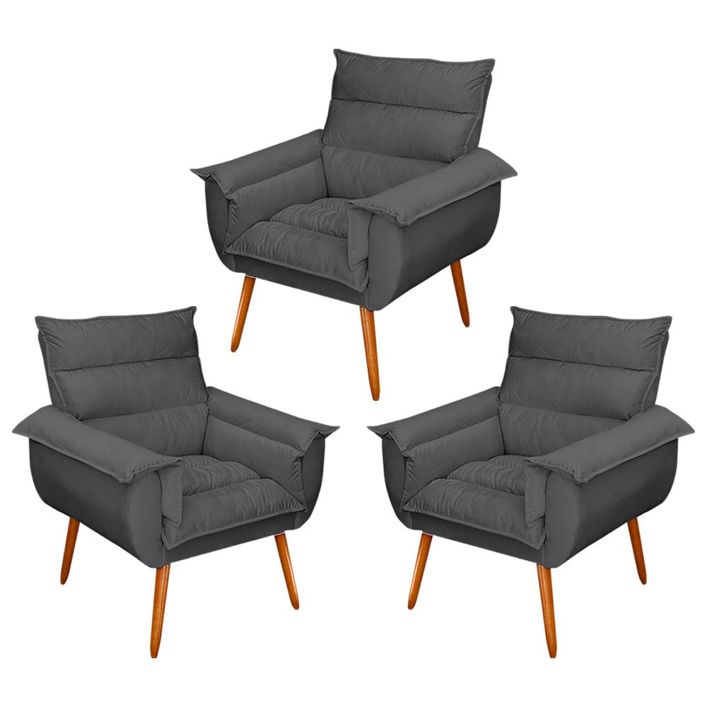 Kit 03 Poltronas Decorativas Modernas Sala e Recepção Monza Pés Palito Veludo Cinza - Desk Design