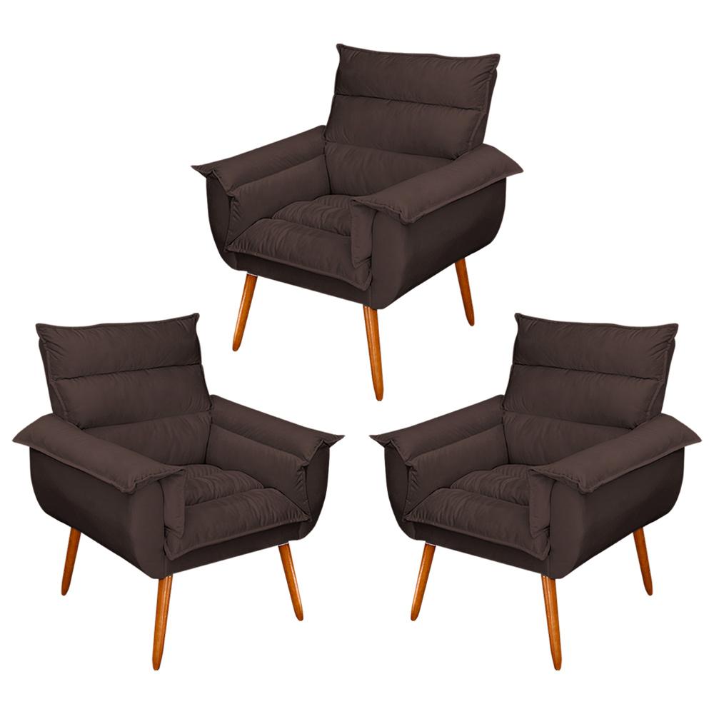 Kit 03 Poltronas Decorativas Modernas Sala e Recepção Monza Pés Palito Veludo Marrom - Desk Design