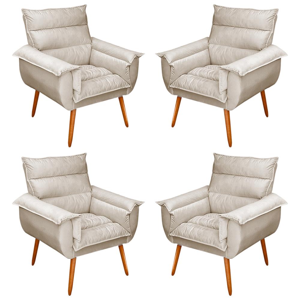 Kit 04 Poltronas Decorativas Modernas Sala e Recepção Monza Pés Palito Suede Bege - Desk Design