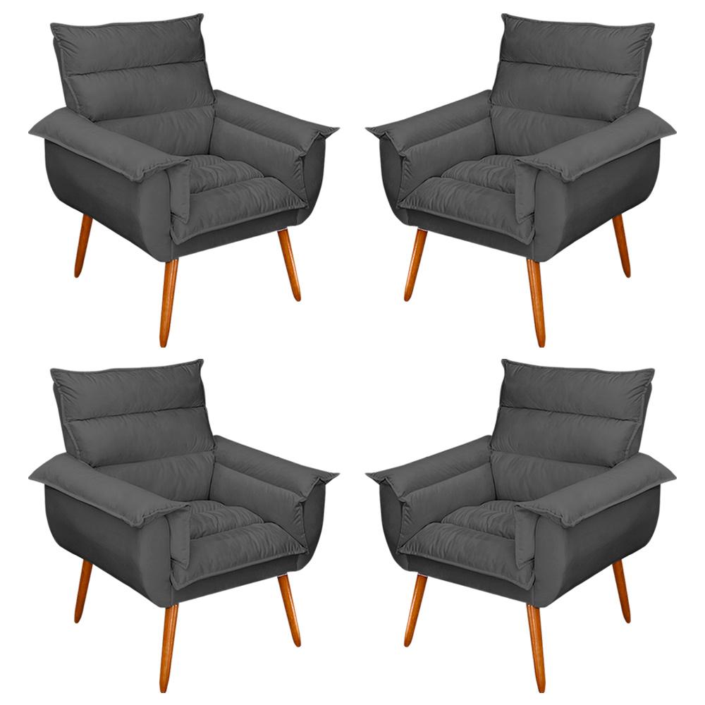 Kit 04 Poltronas Decorativas Modernas Sala e Recepção Monza Pés Palito Suede Cinza - Desk Design