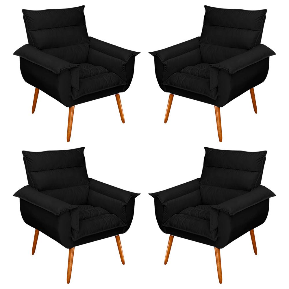 Kit 04 Poltronas Decorativas Modernas Sala e Recepção Monza Pés Palito Suede Preto - Desk Design
