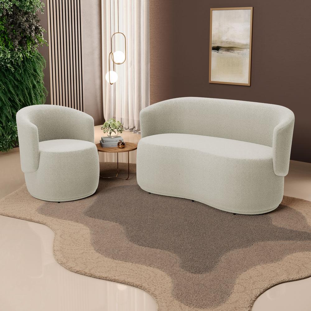 Kit 2 Poltronas e 1 Namoradeira Aisha Orgânica Bouclê Bege - Desk Design