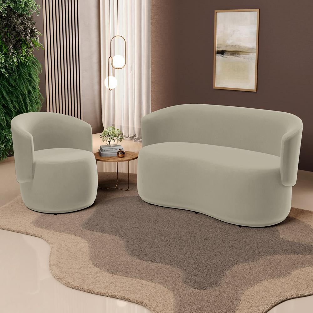 Kit 2 Poltronas e 1 Namoradeira Aisha Orgânica Suede Bege - Desk Design