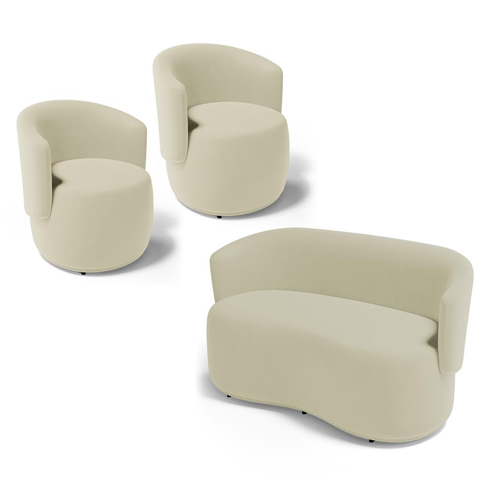 Kit 2 Poltronas e 1 Namoradeira Aisha Orgânica Suede Bege Claro - Desk Design